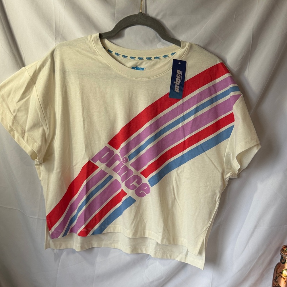 Prince Short Sleeve Tee in Cream with Red, Pink, Lavender, and Blue Stripes